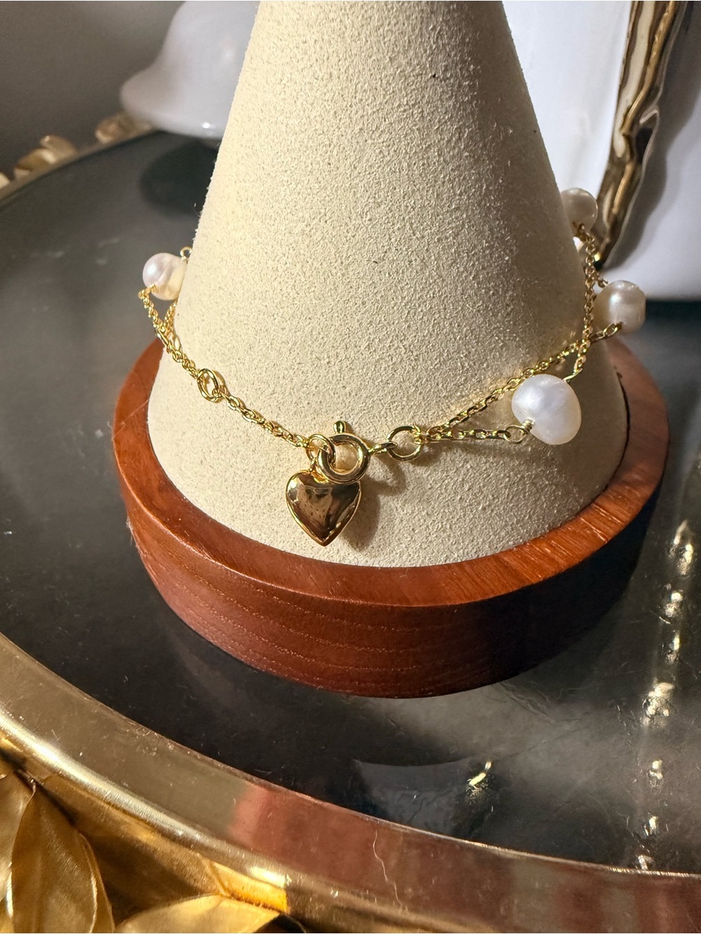 Tory Burch Gold Double Chain Bracelet with White Pearls and Pave Logo Charm - Picture 2 of 6